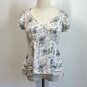By Anthropologie Ruffled Peplum Top - White, Blue Pink Floral - Size 4